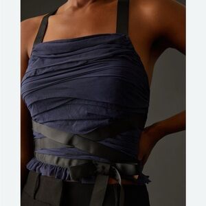 Anthropologie Shirred Tulle Ribbon Bow Cami Blouse Top